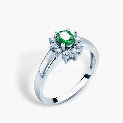 Pierścionek zaręczynowy SAVICKI: białe złoto, szmaragd, diamenty